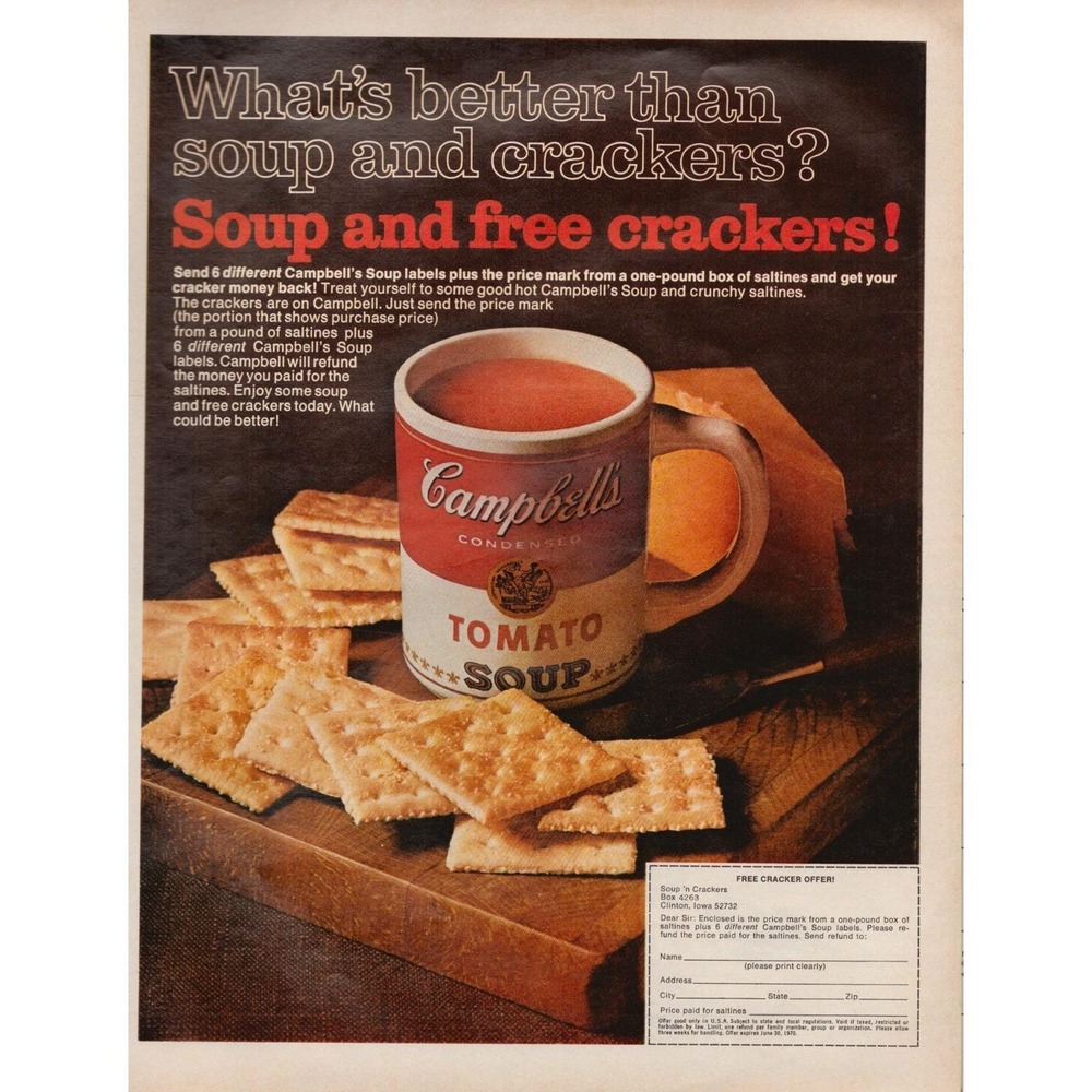 Campbell's‎ Tomato Soup Free Crackers Promotion Vintage Magazine Print Ad 1970